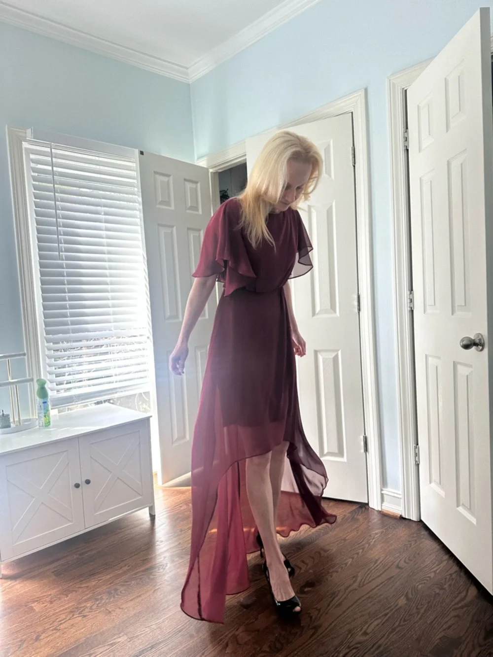 Women’s Burgundy High-Low Chiffon Event Prom Mother of the Bride Dress 2 - Picture 2 of 10